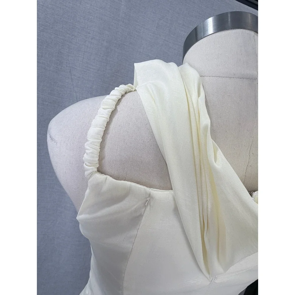 Vintage Jessica McClintock Ivory Ruched Mermaid Gown Rhinestone Brooch 10 - Picture 11 of 11